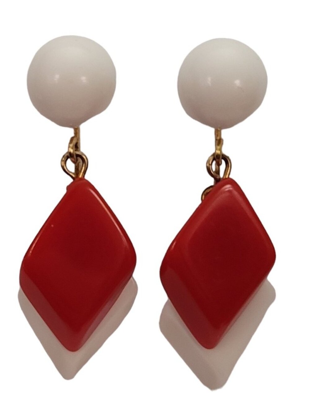 Trifari Crown Over T Red White Square Diamond Shape Dangle Lucite Earrings, E304